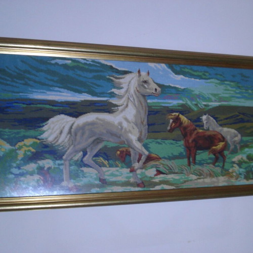 Handmade embroidered painting with wooden frame, horses theme, like new