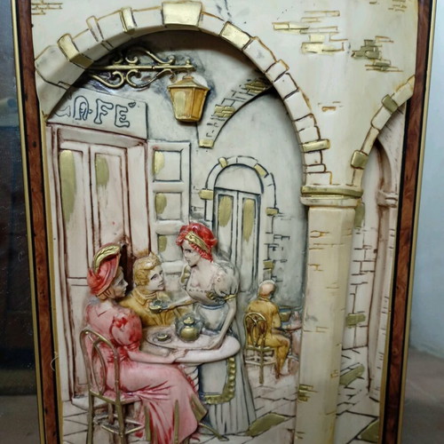 Mirror with plaster decorative scene like new, 50x70