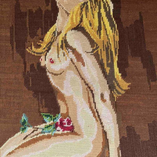 Handmade embroidery "Nude Model with Rose" like new