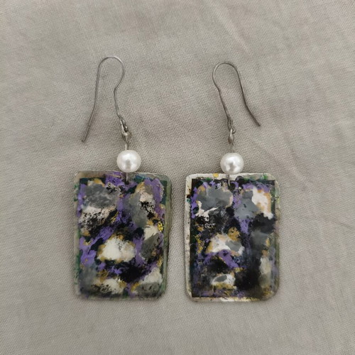 Handmade Earrings with Resin and Pearls, Abstract Design, Like New