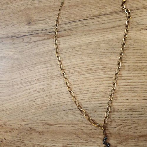 Elongated cable link chain with pavé crystal snake pendant, like new, gold toned