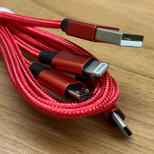 3-in-1 charging cable new, red, USB-C, Micro USB, Lightning