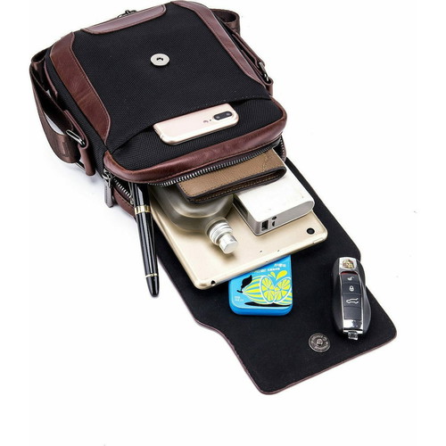 Bullcaptain men's shoulder bag genuine leather and oxford fabric