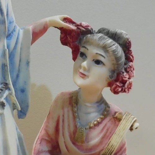 Chinese mother with daughter old small porcelain decorative statue on wooden base used
