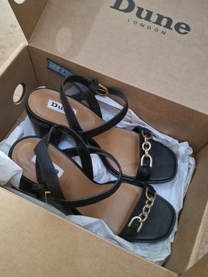 Dune leather sandals used, size 38, black and gold