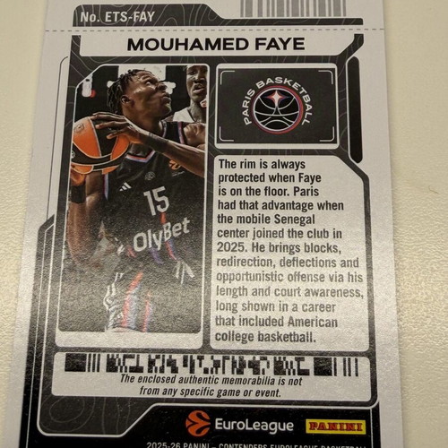 2025-26 Contenders EuroLeague Season Ticket Jersey Mouhamed Faye Red Foil 19/49
