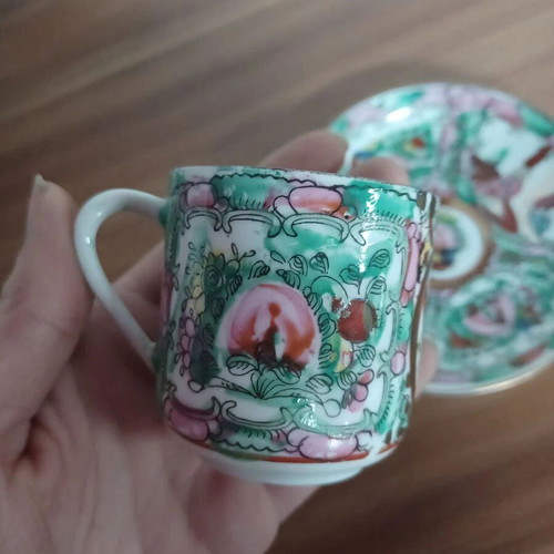 Chinese porcelain cup and saucer set 2 handpainted, used, collectible