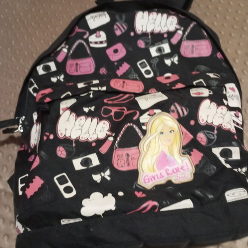 Backpack used with Barbie print, black and pink