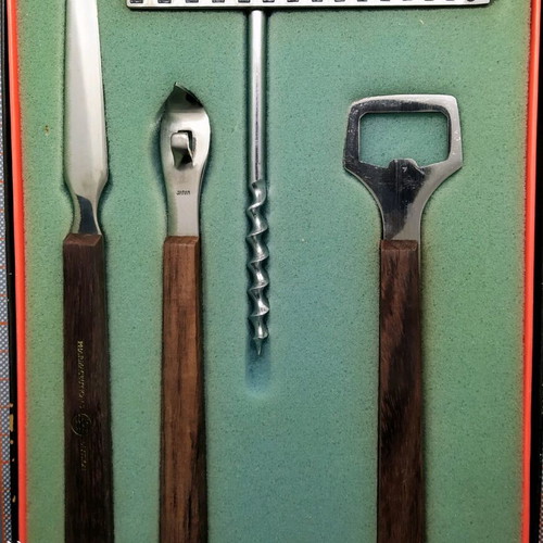 Vintage/Retro 60s YAX Bar Set 4 Pieces new Stainless Steel and Teak Wood