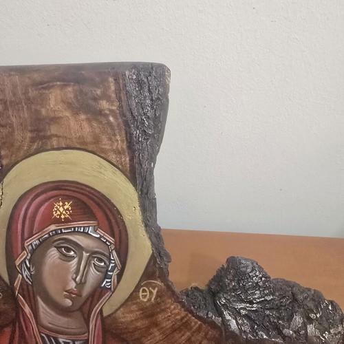 Panagia icon hand-painted on olive wood trunk new
