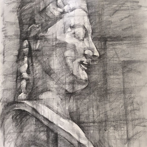 Original Charcoal Drawing on Ingres Paper Like New, Kouros Rampin Head 70x50 cm