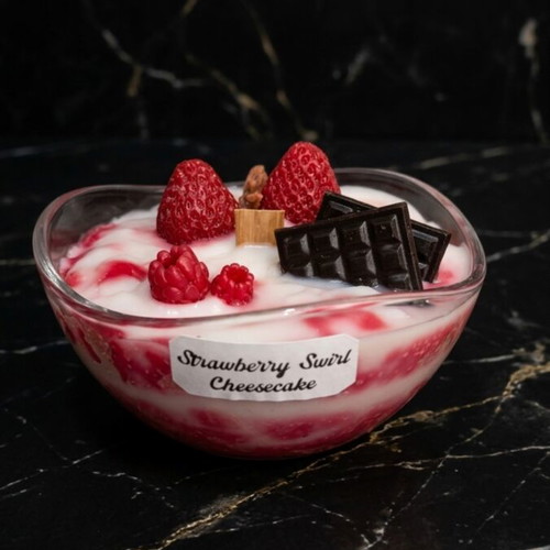 Strawberry Swirl Cheesecake candle in glass bowl