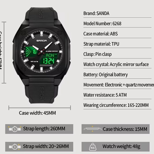 Modern analog and digital watch new, black and red