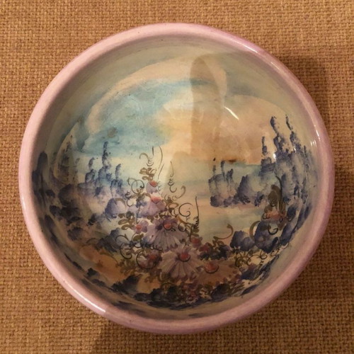 Tajimi Pottery set handmade bowl and lidded container with figurine