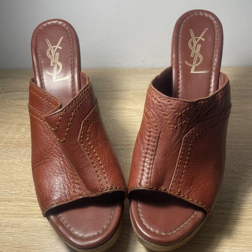 Yves Saint Laurent brown leather wooden platform mules used