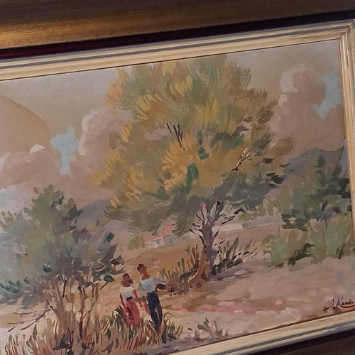 Antonis Kanas 'Agrotikon, Athens - Mesogeia' oil on wood painting