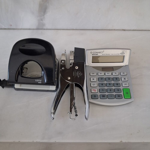 Office supplies set used with Leitz hole punch, Maestri stapler, Q-Connect calculator