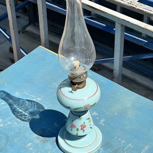 Vintage opaline oil lamp used with hand-painted floral decor 45x11.5 cm