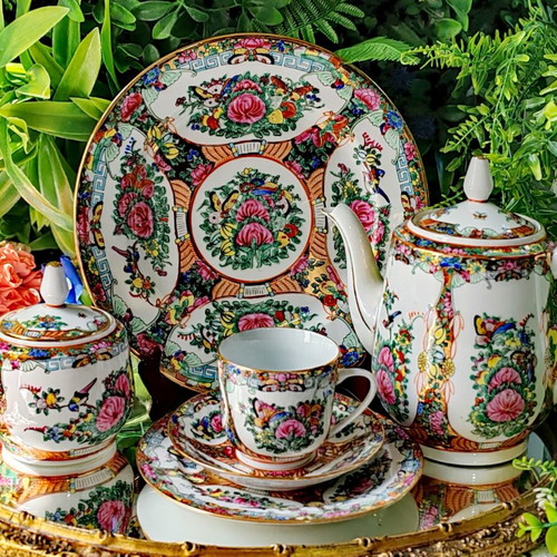 Vintage Chinese Rose Medallion porcelain tea set, handpainted