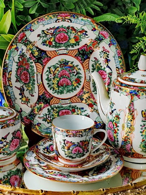 Vintage Chinese Rose Medallion porcelain tea set, handpainted