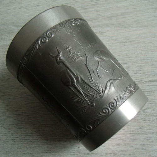 Old metal pewter cup zinn used with embossed ornaments
