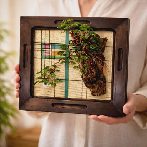 Handmade picture with bonsai tree of copper wire and wood new