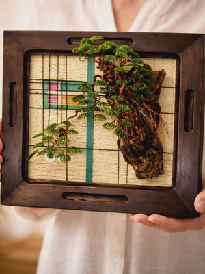 Handmade picture with bonsai tree of copper wire and wood new