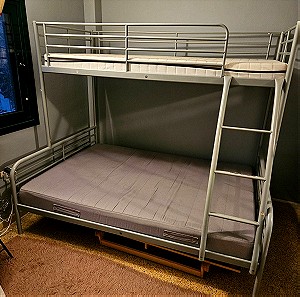 Κουκέτα μεταλλική. Διπλό κρεββάτι κάτω (2,00x1,40) & Μονό κρεββάτι επάνω (2,00x0,90). Χρώμα Γκρι.