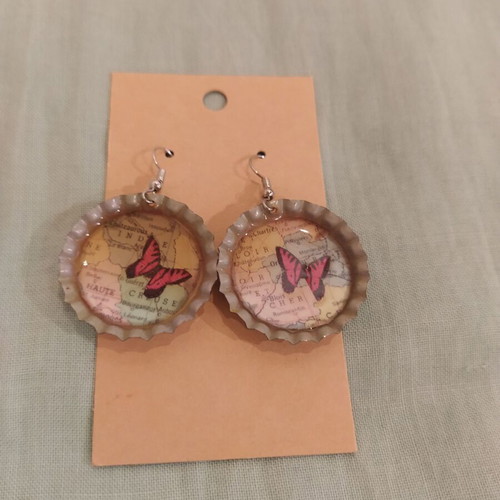 Butterfly Map Bottle Cap Earrings new, colorful