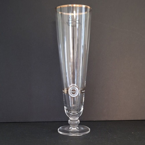 Warsteiner pilsner beer glass with foot and gold rim, like new