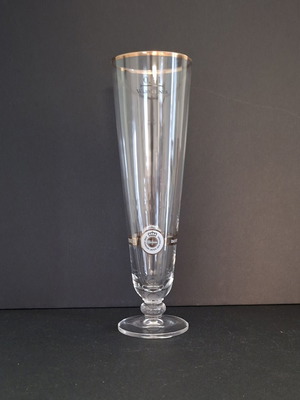 Warsteiner pilsner beer glass with foot and gold rim, like new