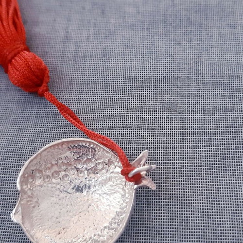 Silver pomegranate charm with red silk tassel, 925 silver, handmade