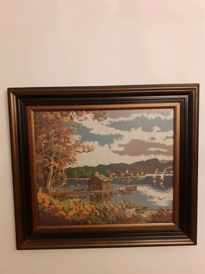 Hand-stitched painting like new, The house by the lake