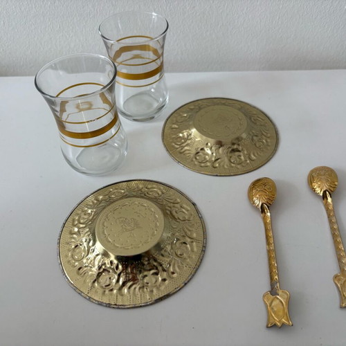 Turkish metal tea set in gold tone like new