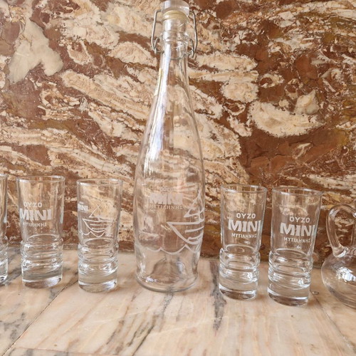 Ouzo Mini Mytilene set used, 7 pieces 80-90s