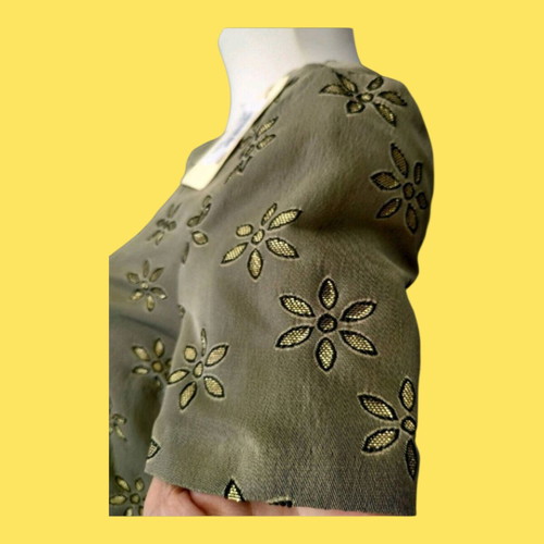 Rococo blouse new with gold flowers, size S, khaki
