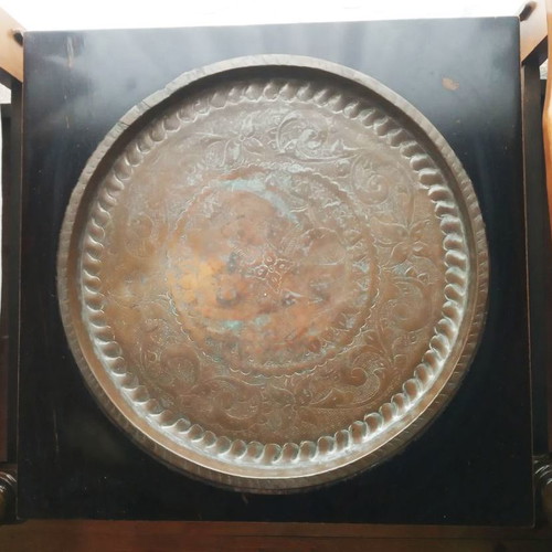 Low traditional coffee table with engraved metal tray