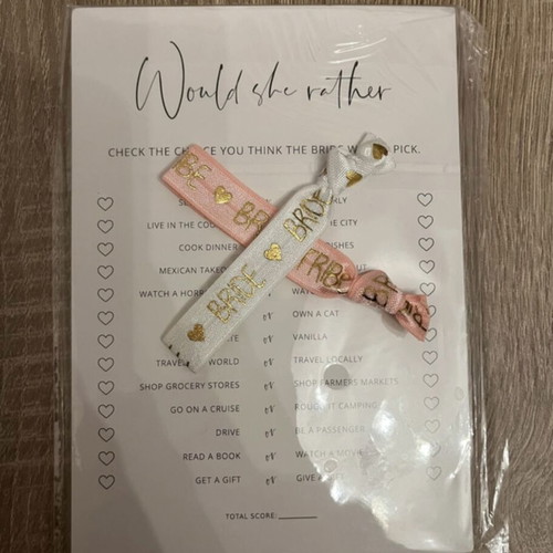 Bachelorette party set with Would She Rather game and Bride Tribe and Bride bracelets new