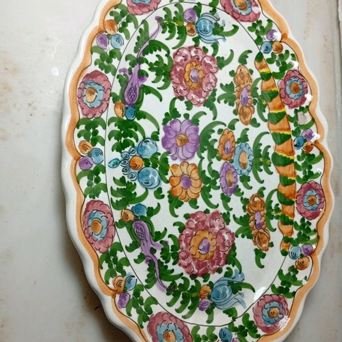 Oval platter Skyrian folk art like new with hand-painted flowers