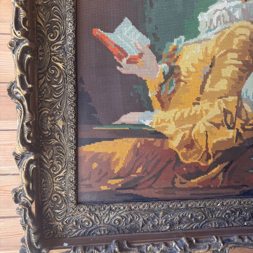 Embroidered antique textile painting used, framed 75x90cm