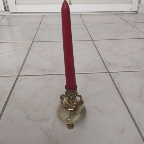 Vintage candle holder made of onyx and brass - height 9 centimeters