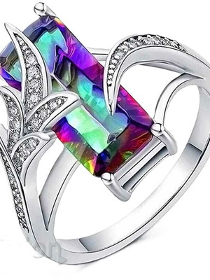 Women's silver-plated ring with large rainbow zircon new, size 57