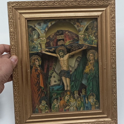 Vintage religious icon used with depth 'The Crucifixion of Jesus' framed with glass