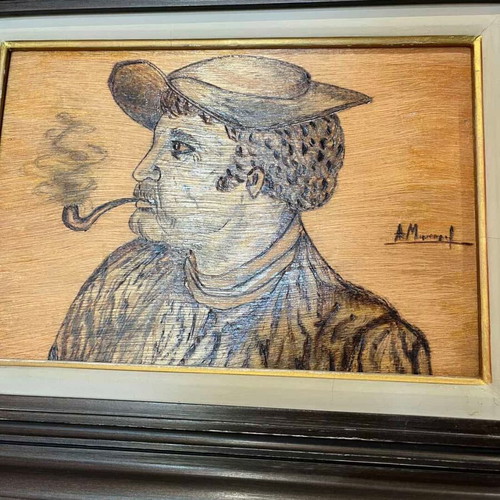 Vintage pyrography wall art with sailor depiction and artist signature used