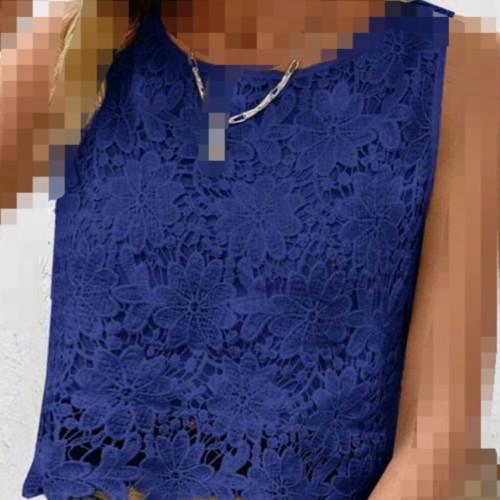 Women's sleeveless electric blue top with lace