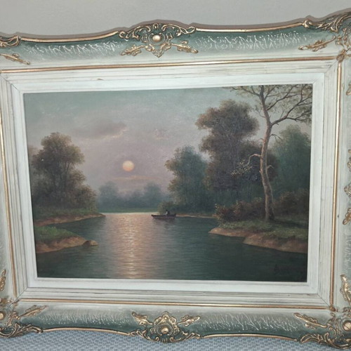 Romantic Landscape Oil Painting like new with Antique Scalloped Gilt Frame