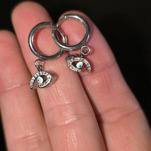 Stainless Steel Hoop Earrings with Hanging Evil Eye and Zirconia
