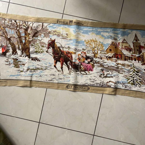 Handmade embroidered textile painting winter scene with horse