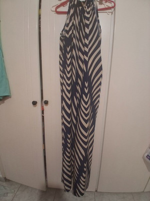 Shein jumpsuit with navy blue and beige zebra pattern, size M