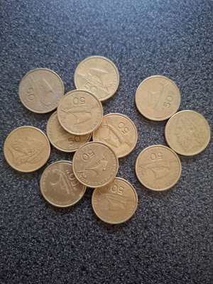 Greek 50 Drachma coins used, pack of 14 with Homer and ancient trireme